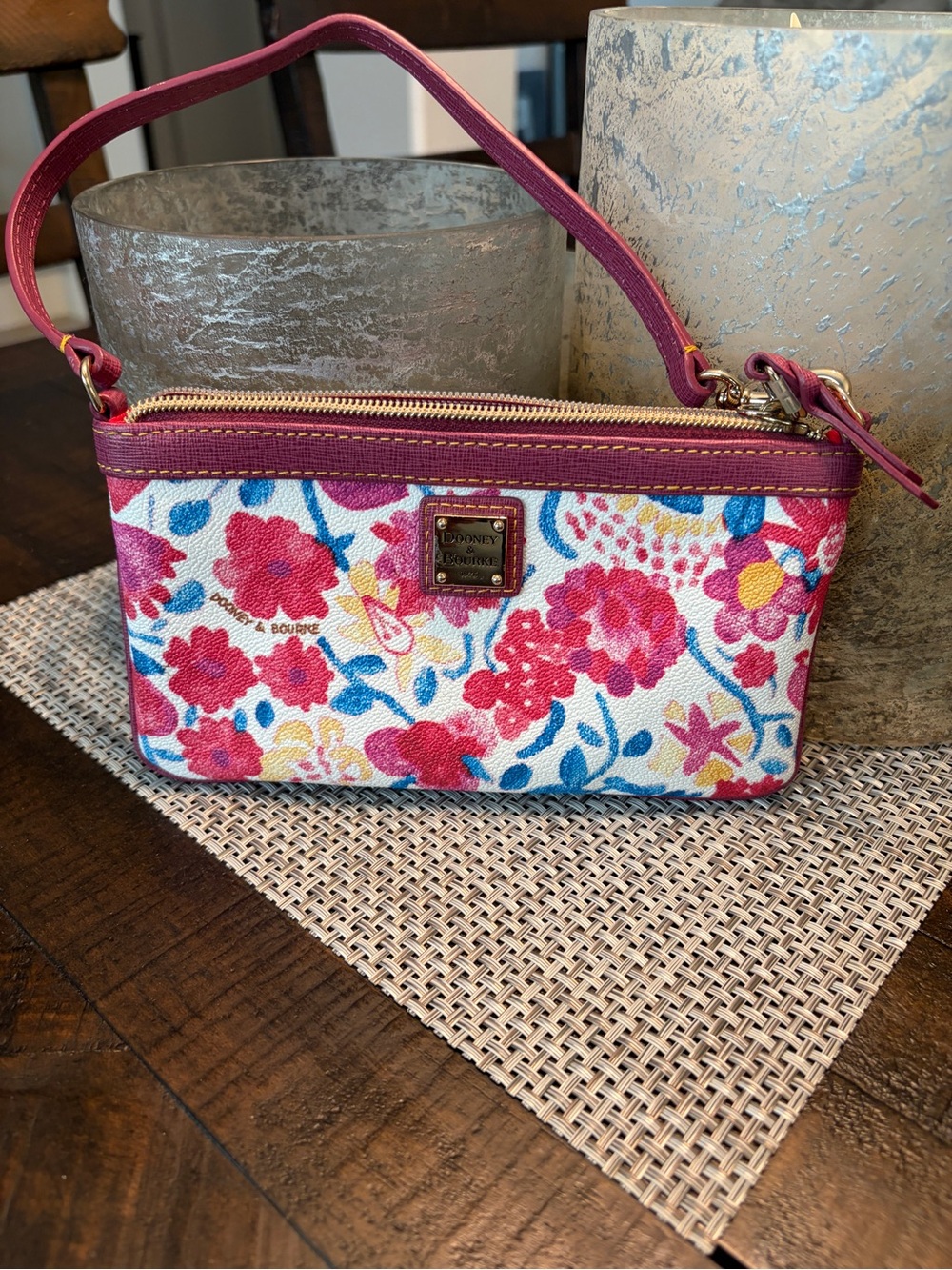 Dooney & Bourke Multicolor Floral Wristlet with Raspberry Trim